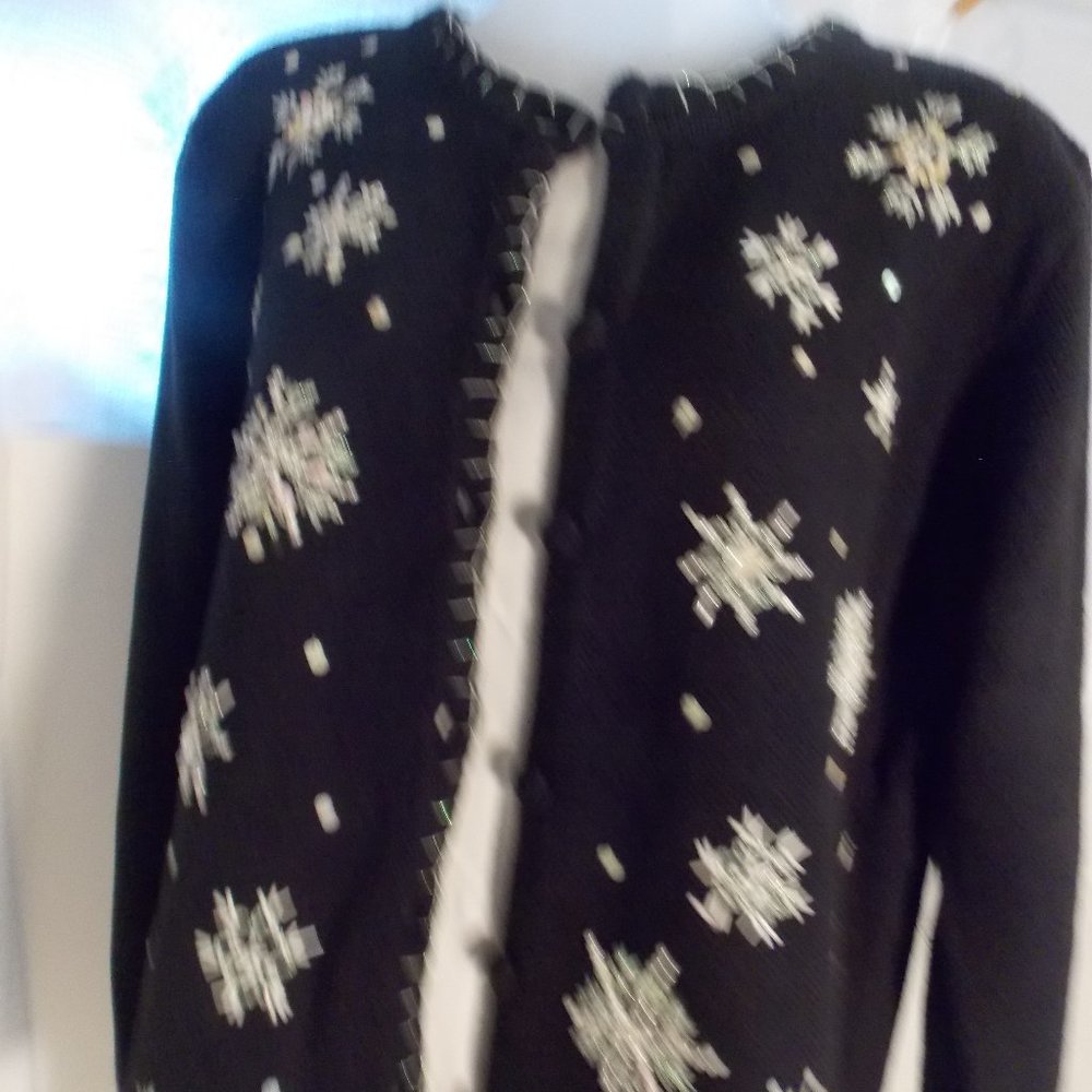 Sweater, Button Up Cardigan, Beads and Sequins Defining Snowflakes, Medium